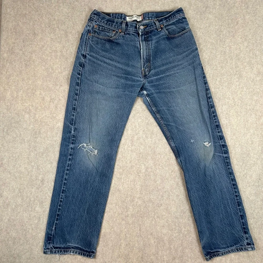 Levi's 505 Jeans Mens 36x32 Blue‎ Distressed Regular Fit Straight Leg Denim